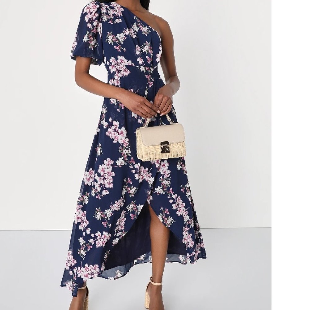 NWOT Sensational Perfection Navy Floral One-Shoulder High-Low Dress Large